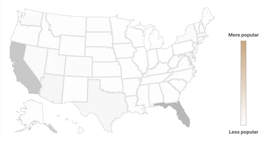 Beige Flooring Popularity by US States 2024 extracted from 2025 Flooring Trend Report by Roomvo