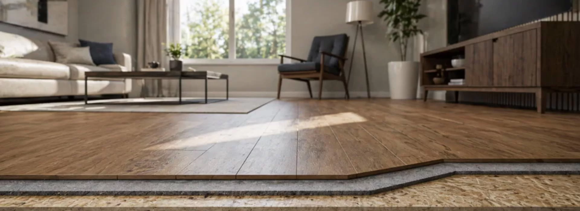Wood flooring layers, living room.