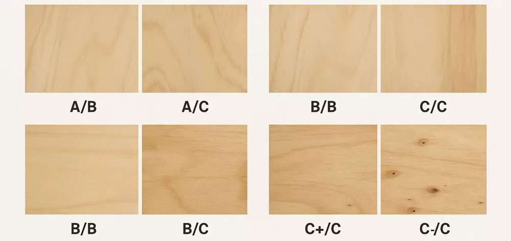 Veneer plywood grades Plywood grade samples A/B, A/C, B/B, C/C