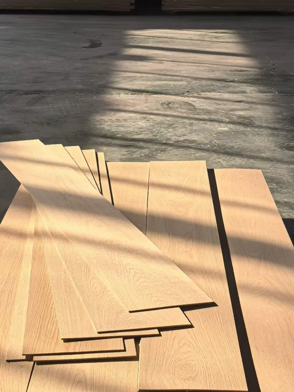 Timber-veneered planks on floor Timber-veneered planks on floor